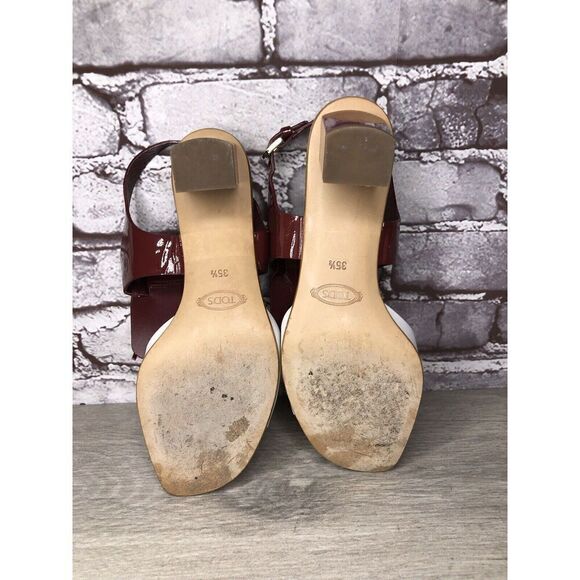 TOD'S Burgundy Patent Leather White Open Toe Heel Strap Sandals Women 35.5EU/5US - Picture 9 of 16